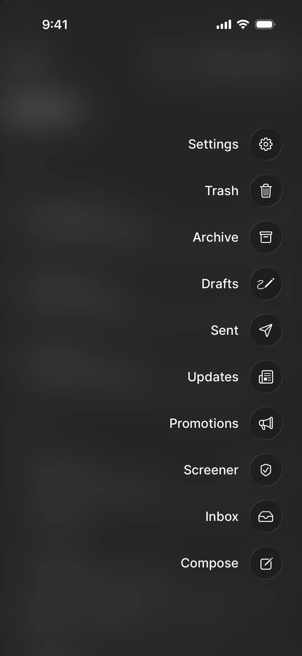 The corner button’s menu on iPhone, over a blurred Inbox: Settings, Trash, Archive, Drafts, Sent, Updates, Promotions, Screener, Inbox and Compose.