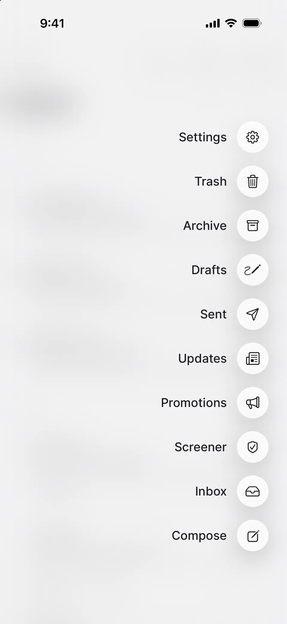 The corner button’s menu on iPhone, over a blurred Inbox: Settings, Trash, Archive, Drafts, Sent, Updates, Promotions, Screener, Inbox and Compose.