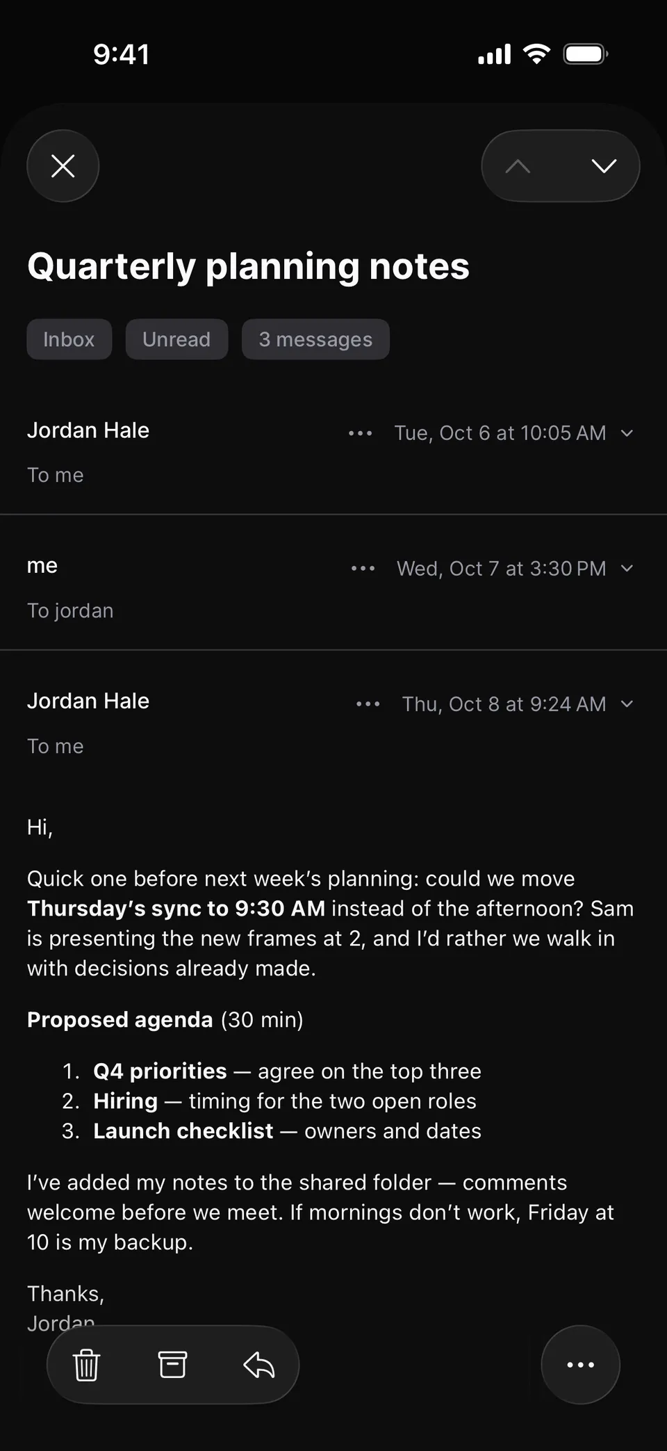 A thread on iPhone: “Quarterly planning notes” from Jordan Hale, tagged Inbox, Unread and 3 messages, with a proposed agenda of Q4 priorities, hiring and a launch checklist.