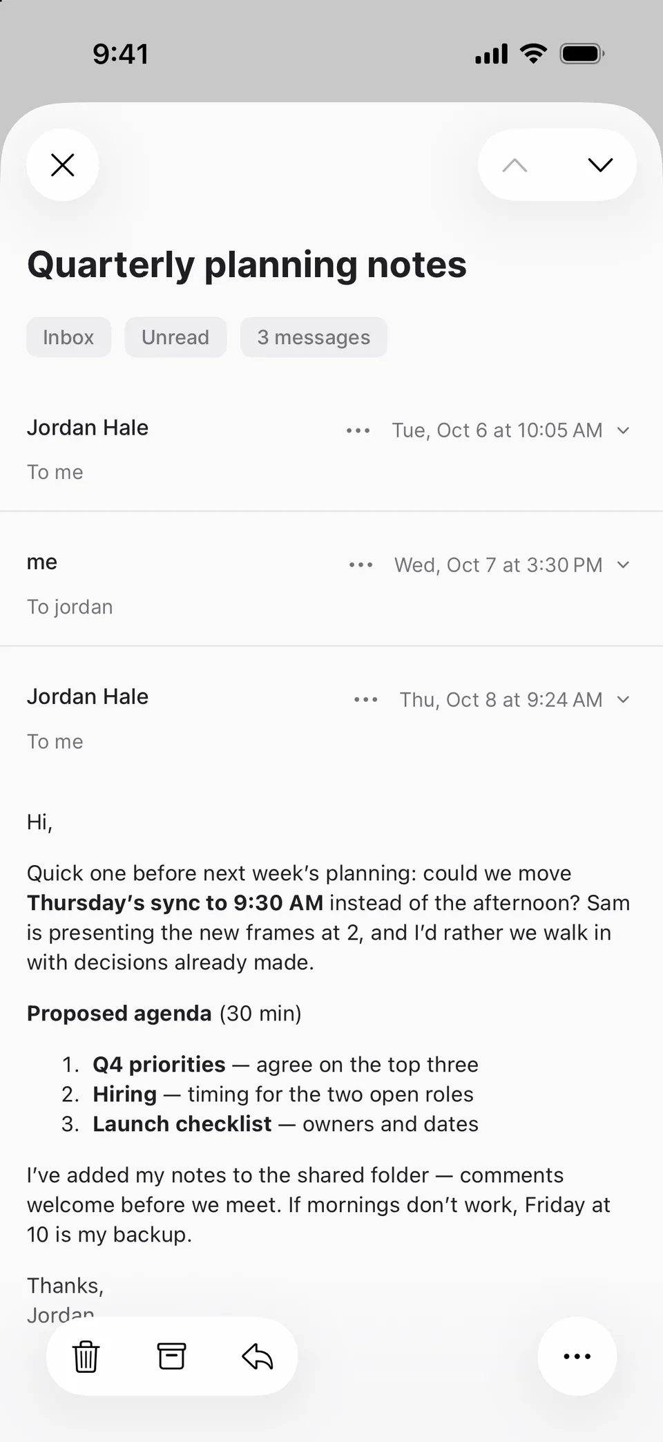 A thread on iPhone: “Quarterly planning notes” from Jordan Hale, tagged Inbox, Unread and 3 messages, with a proposed agenda of Q4 priorities, hiring and a launch checklist.