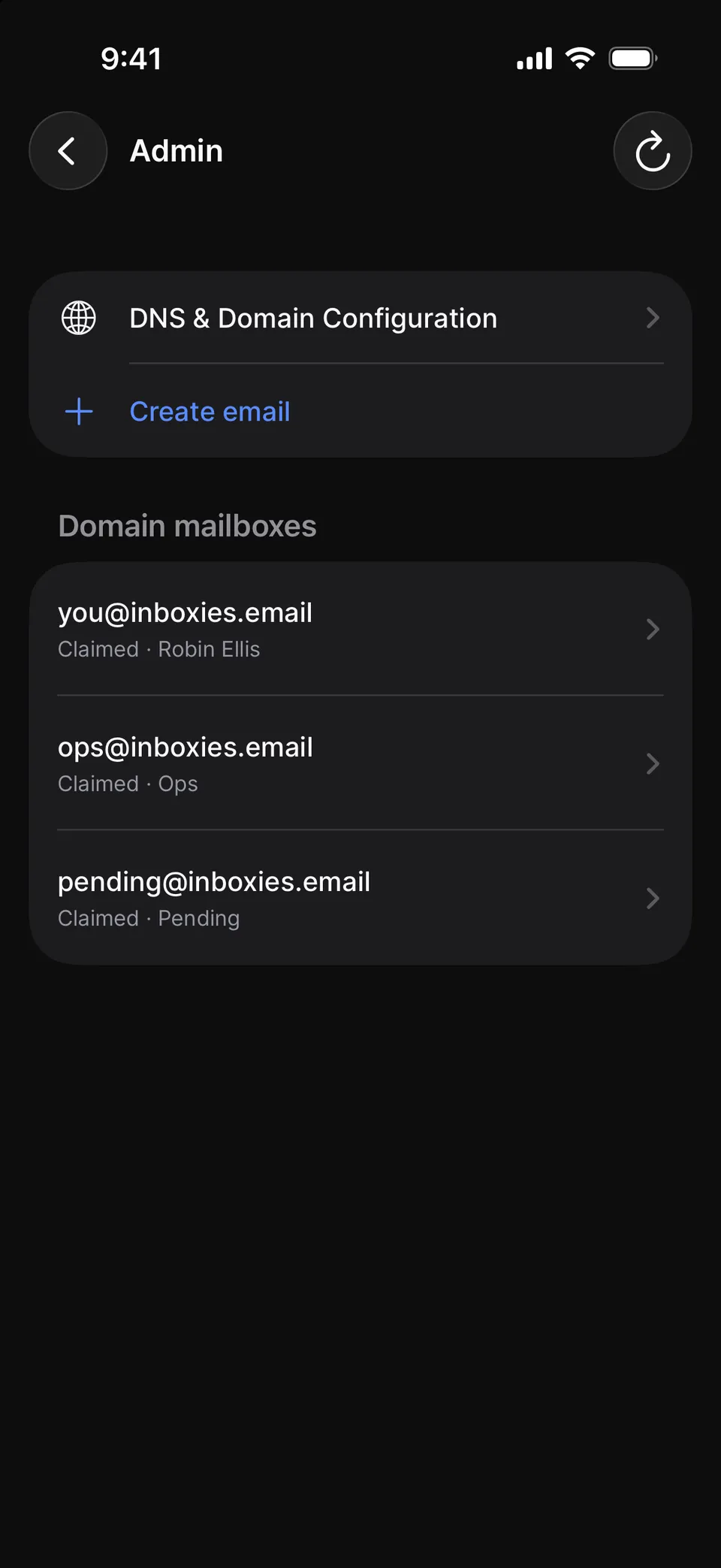 Domain Admin on iPhone: DNS & Domain Configuration, a Create email button, and the domain’s mailboxes you@, ops@ and pending@.
