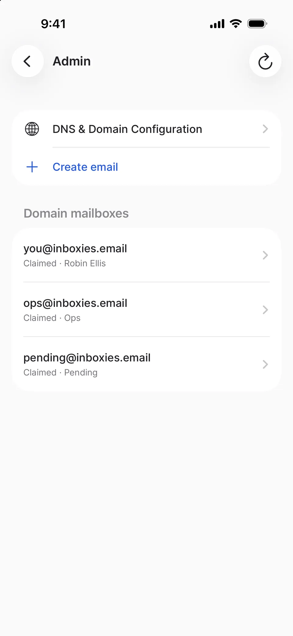 Domain Admin on iPhone: DNS & Domain Configuration, a Create email button, and the domain’s mailboxes you@, ops@ and pending@.