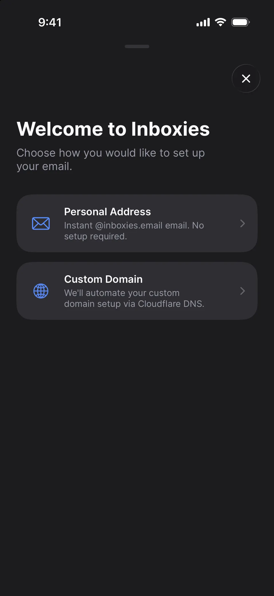 “Welcome to Inboxies” on iPhone with two choices: Personal Address, an instant @inboxies.email address, and Custom Domain, set up through Cloudflare DNS.