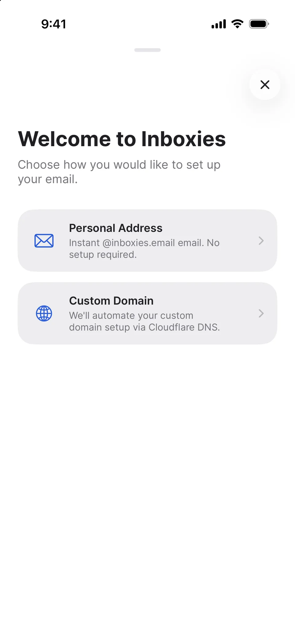 “Welcome to Inboxies” on iPhone with two choices: Personal Address, an instant @inboxies.email address, and Custom Domain, set up through Cloudflare DNS.
