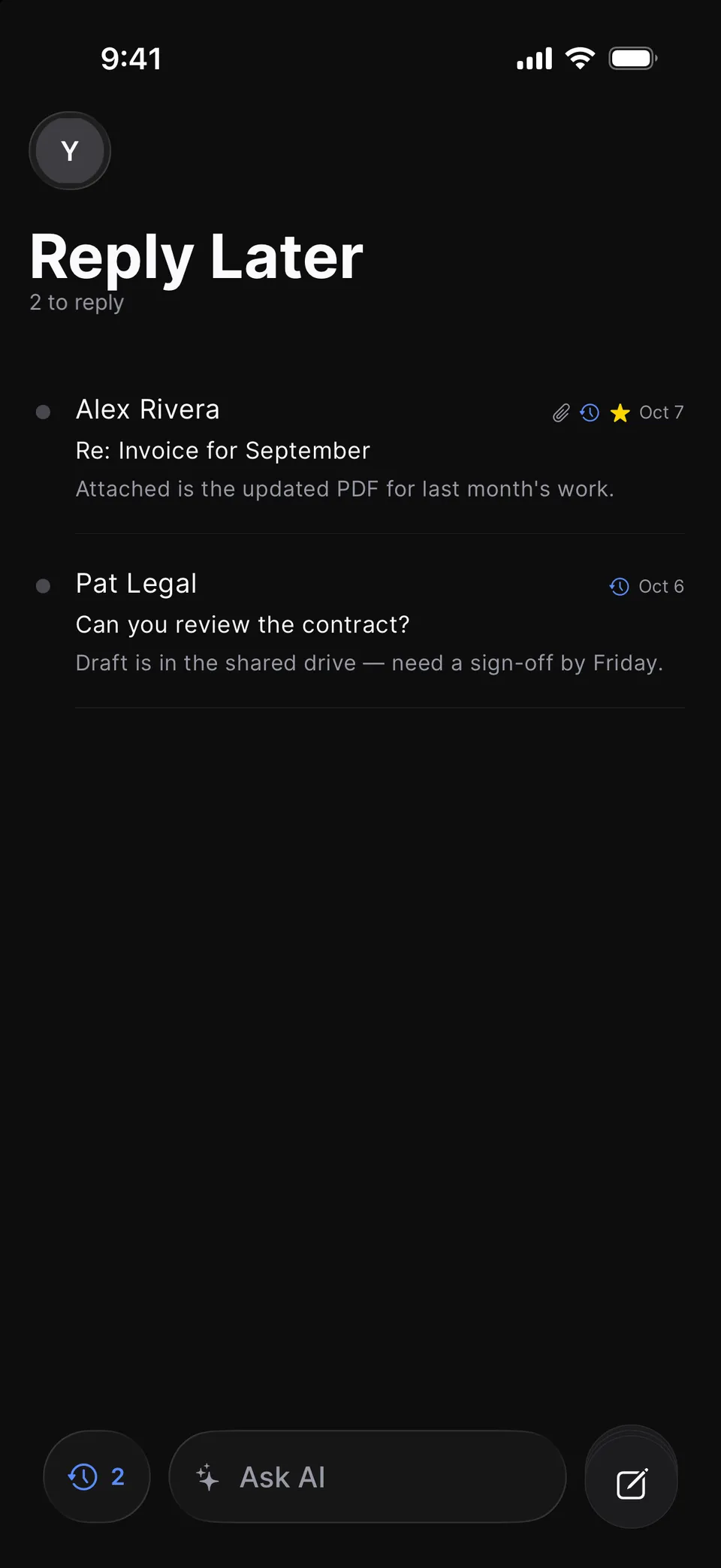 Reply Later on iPhone: two threads to reply to, from Alex Rivera and Pat Legal.