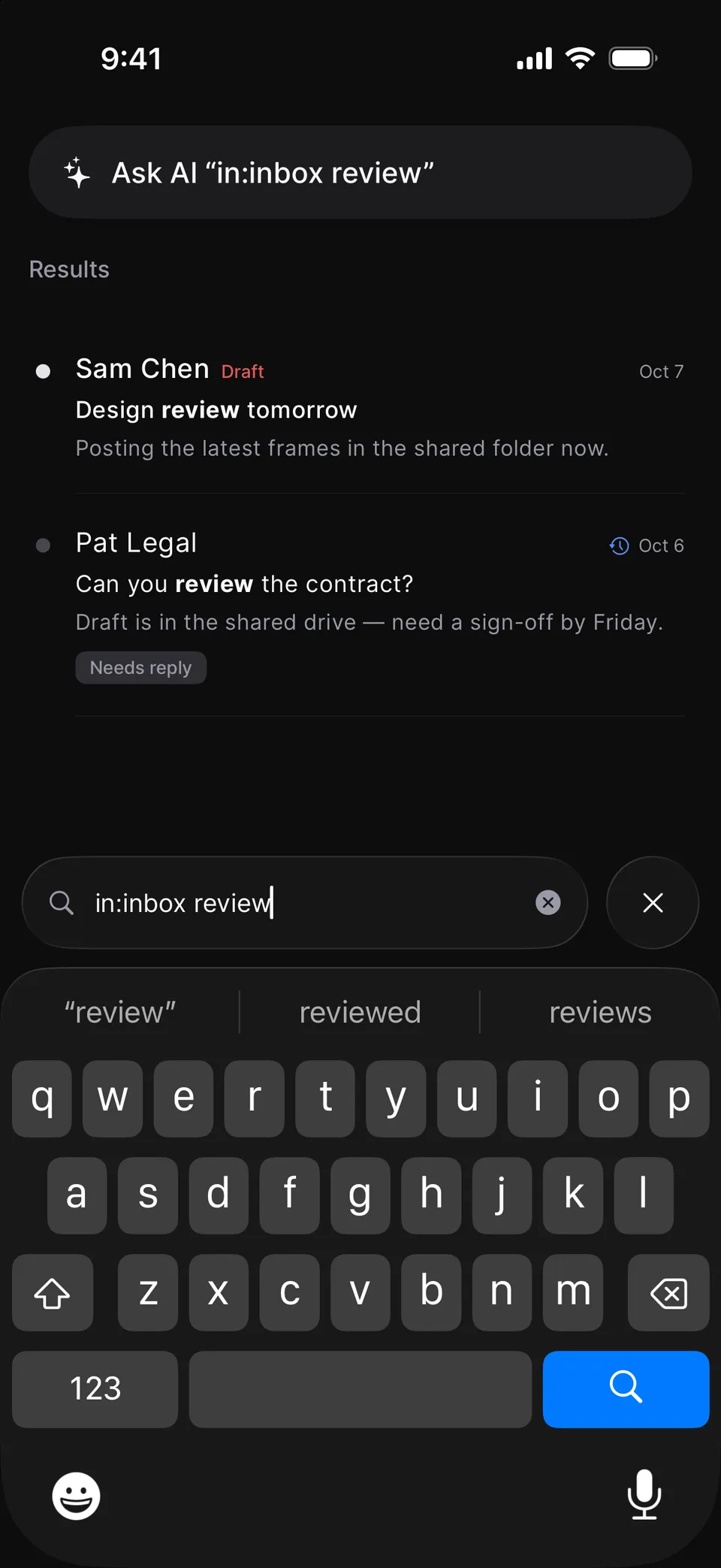 Search on iPhone: the query “in:inbox review” finds Sam Chen’s “Design review tomorrow” and Pat Legal’s “Can you review the contract?”, with “review” in bold, and offers to ask AI instead. Sample mailbox; the results are simulated offline.