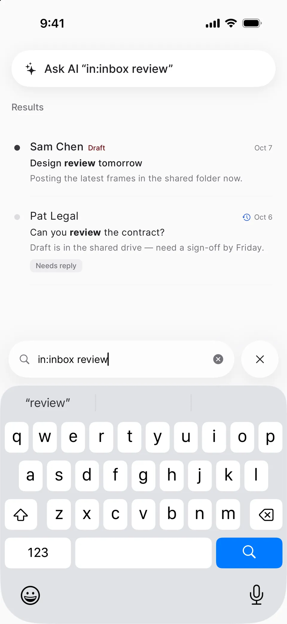 Search on iPhone: the query “in:inbox review” finds Sam Chen’s “Design review tomorrow” and Pat Legal’s “Can you review the contract?”, with “review” in bold, and offers to ask AI instead. Sample mailbox; the results are simulated offline.