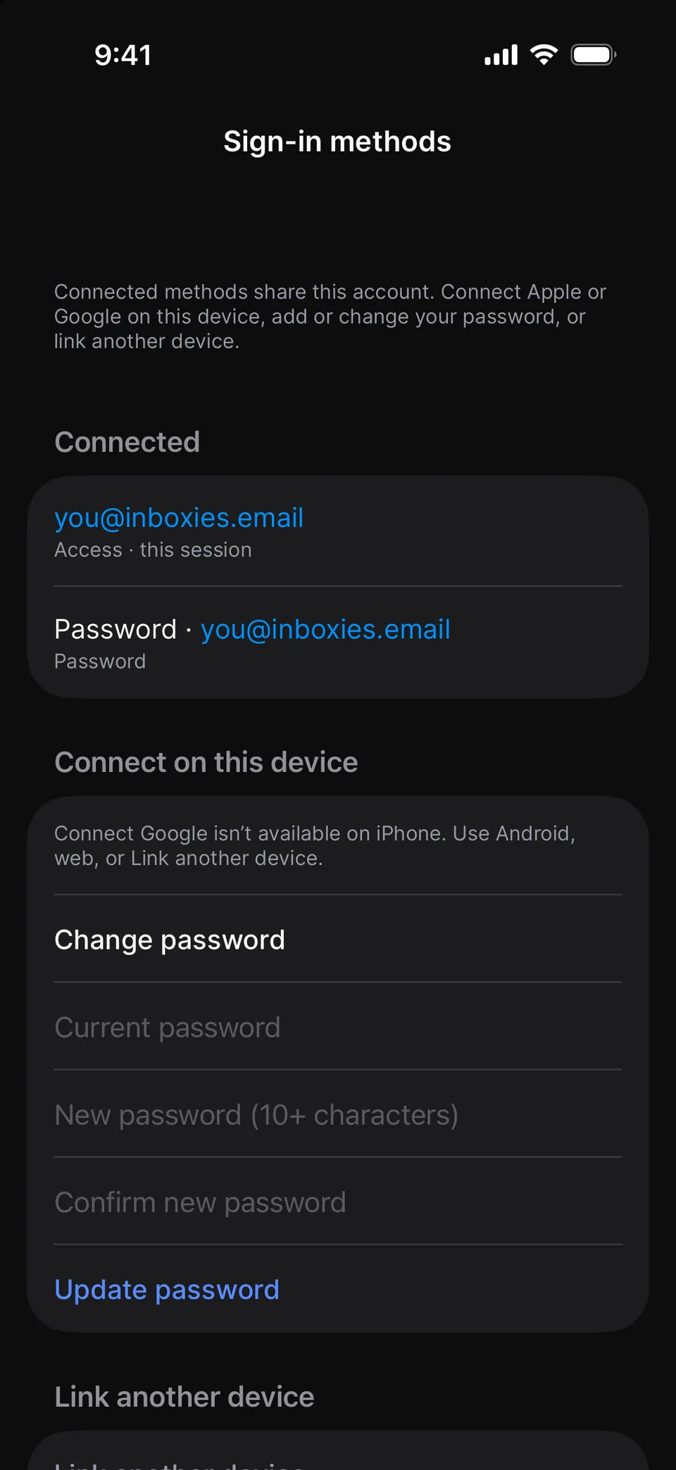 Sign-in methods on iPhone: the methods connected to you@inboxies.email, a form to change the password, and Link another device.