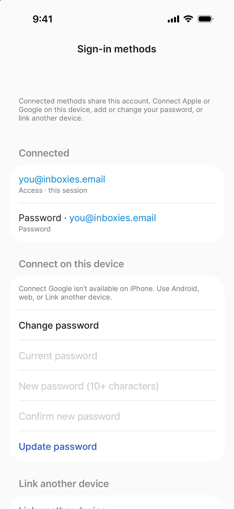 Sign-in methods on iPhone: the methods connected to you@inboxies.email, a form to change the password, and Link another device.