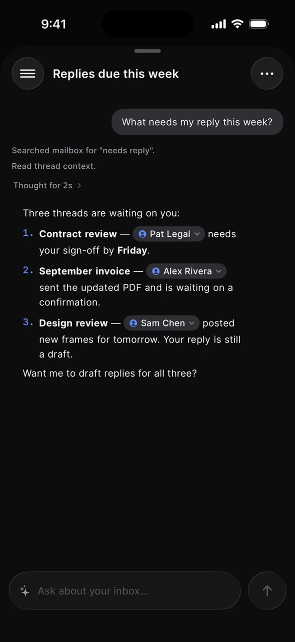 Ask AI on iPhone: the question “What needs my reply this week?” gets a streamed answer listing three threads waiting on you. Sample mailbox; the conversation is staged.