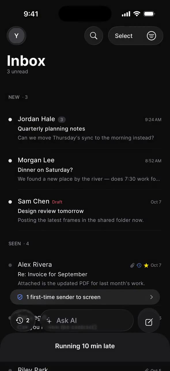 Compose on iPhone: a new message, “Running 10 min late”, is swiped down into a dock at the bottom of the Inbox, then tapped open again.