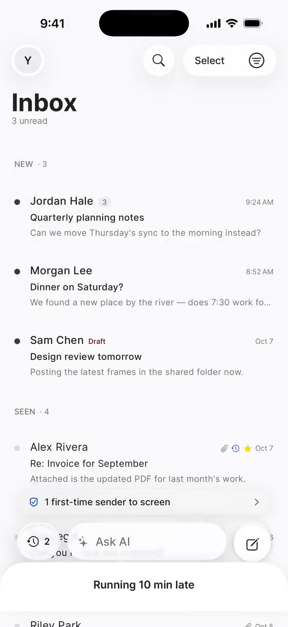 Compose on iPhone: a new message, “Running 10 min late”, is swiped down into a dock at the bottom of the Inbox, then tapped open again.