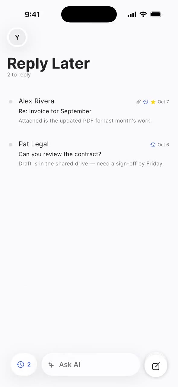 On iPhone, the Reply Later pill opens a pile of two threads. Pat Legal’s “Can you review the contract?” opens, then closes back to the pile.