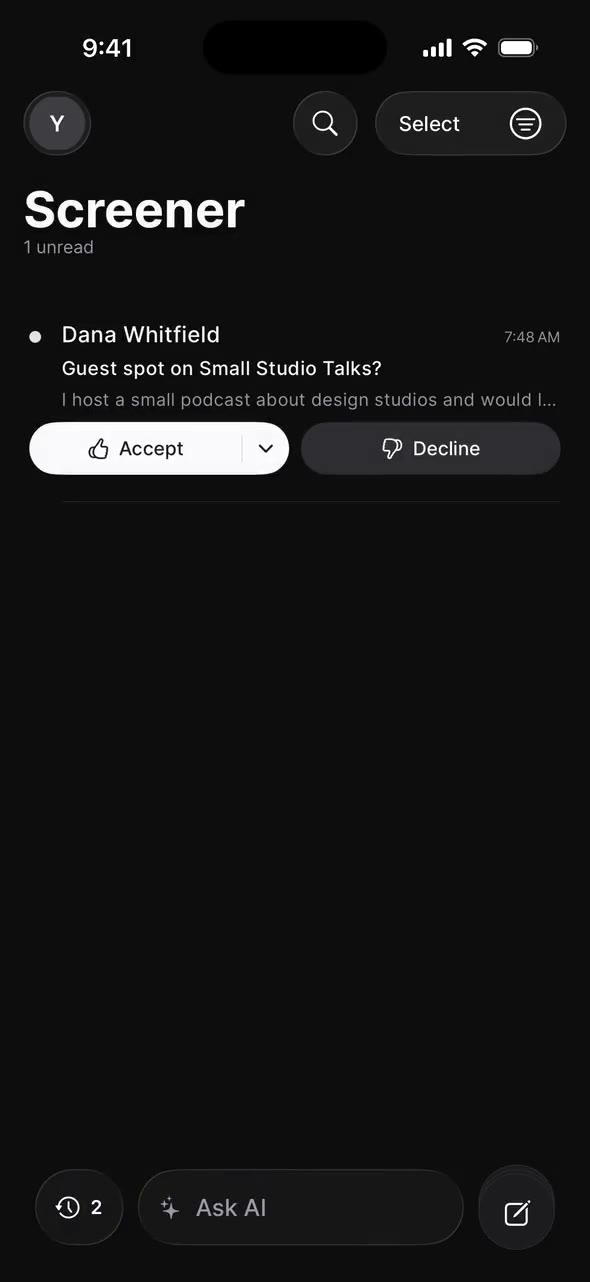 On iPhone, the Inbox shows a banner for one first-time sender. In the Screener, Dana Whitfield waits with Accept and Decline; Accept offers Inbox, Promotions or Updates, and her email then appears in the Inbox.