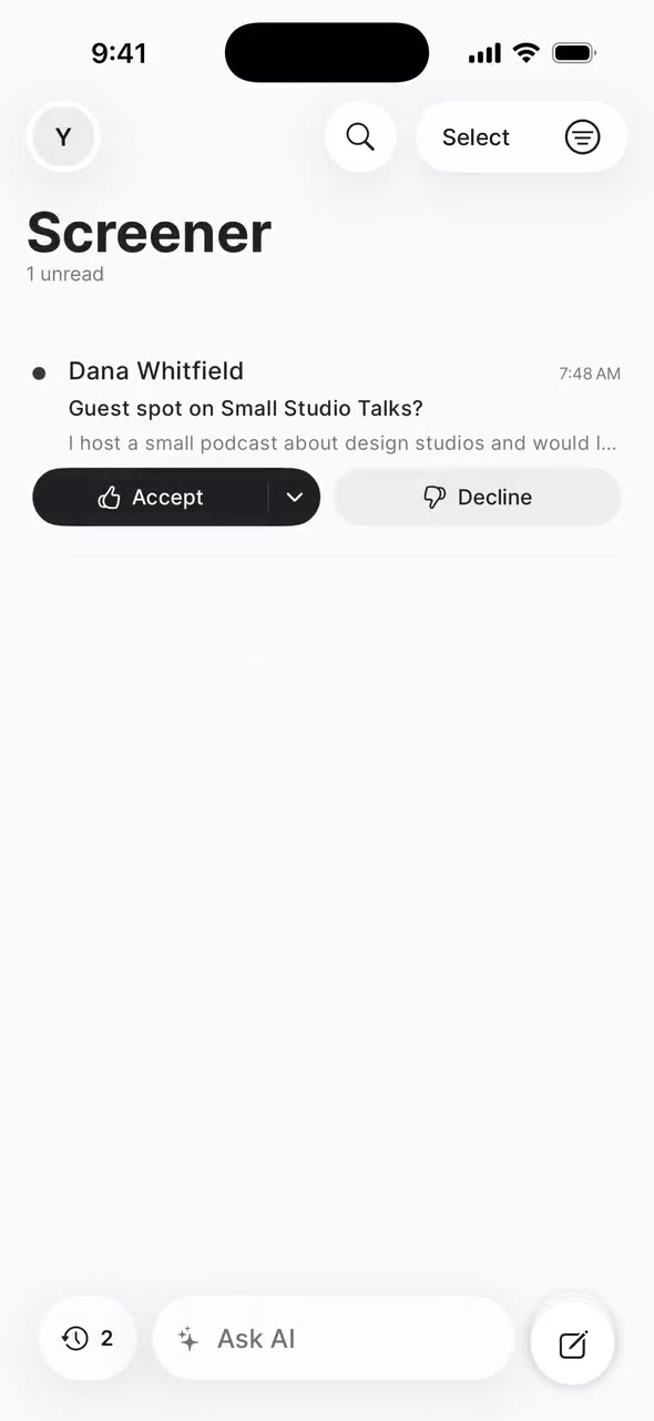 On iPhone, the Inbox shows a banner for one first-time sender. In the Screener, Dana Whitfield waits with Accept and Decline; Accept offers Inbox, Promotions or Updates, and her email then appears in the Inbox.